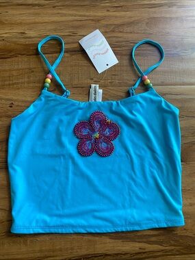 Dippin’ Daisy’s dazzle blue hibiscus Tommy tankini top S embellished beads NWT